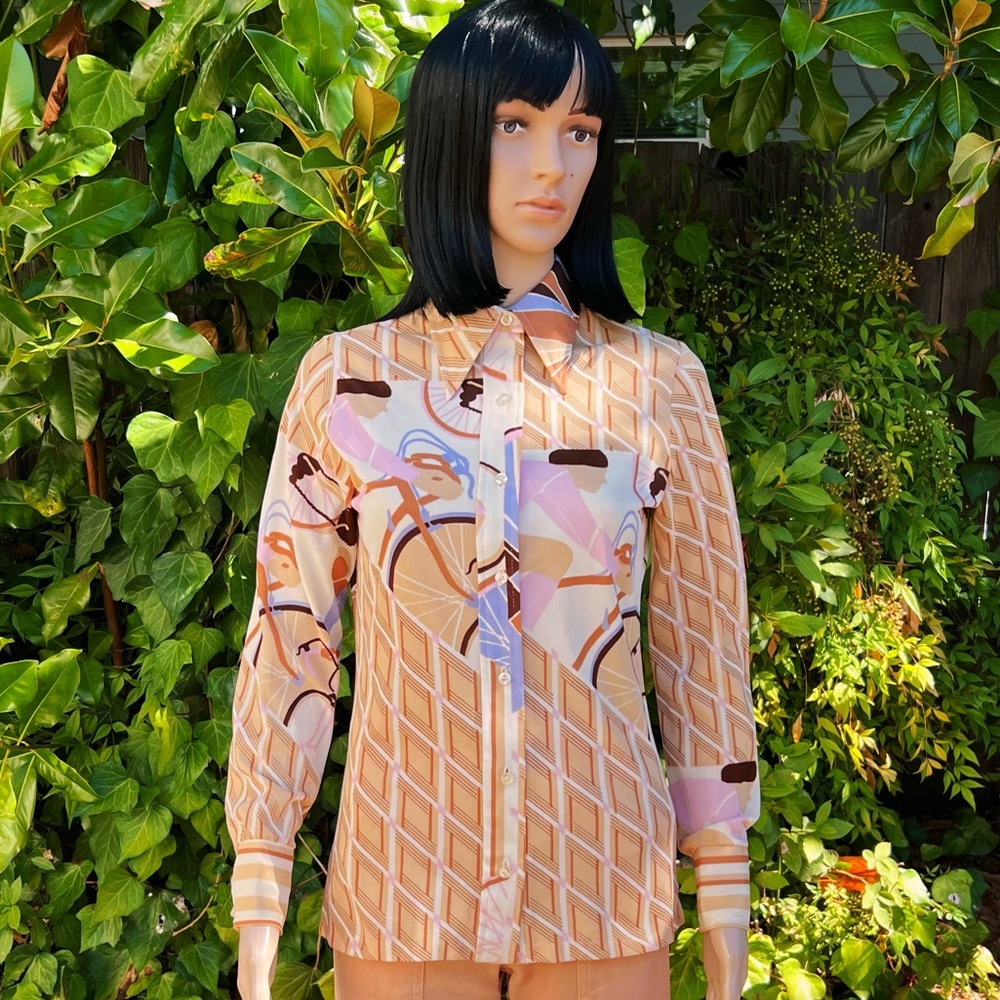 1970s Jubilee Bicycle Race Novelty Print Button Up